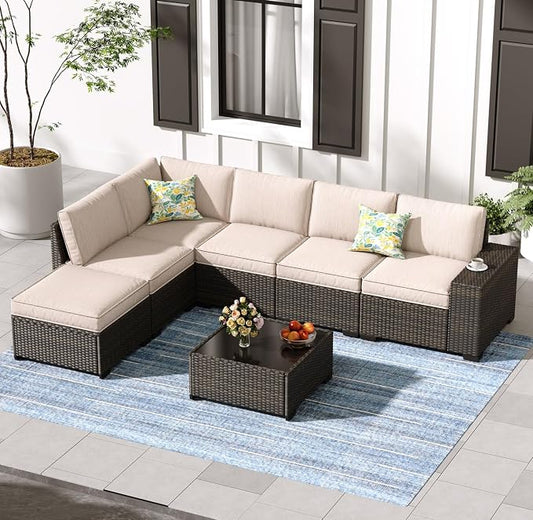 Jing's Villa 7-Piece Patio Furniture Set, All-Weather Outdoor Wicker Sectional Sofa with Cushions, Tempered Glass Table & Ottoman, Rattan Conversation Seating for Porch, Garden, Backyard,Beige