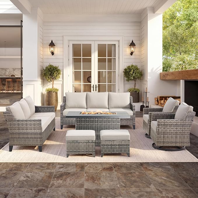 Belord Patio Wicker Swivel Rocker Patio Chairs with 3-Seater Sofa and Propane Fire Pit Table, Outdoor Furniture Set for Deck Porch Poolside, 7 Piece Patio Conversation Furniture Set,Beige