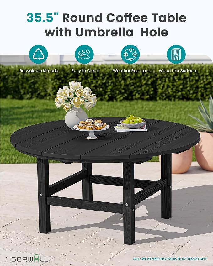 SERWALL 6-Piece Patio Set, 4 Folding Adirondack Chairs with Cup Holders, Round Table & Center Pole Umbrella, HDPE Plastic, Black
