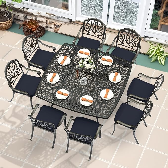 MEETWARM 9-Piece Outdoor Furniture Dining Set for 8, All Weather Cast Aluminum Patio Dining Set- Large 64" Square Table with Umbrella Hole and 8 Cushioned Chairs, Patio Table and Chairs Set, Navy Blue