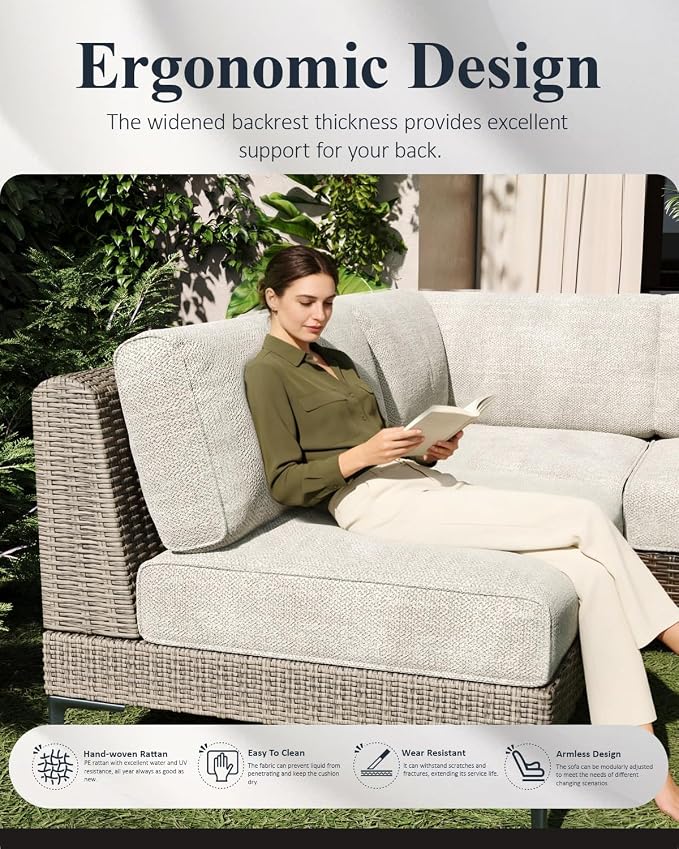 LayinSun 7-Piece Wicker Rattan Patio Furniture Set, Deep Seating Outdoor Modular Sectional Sofa Conversation Set with Thick Cushions for Lawn, Garden