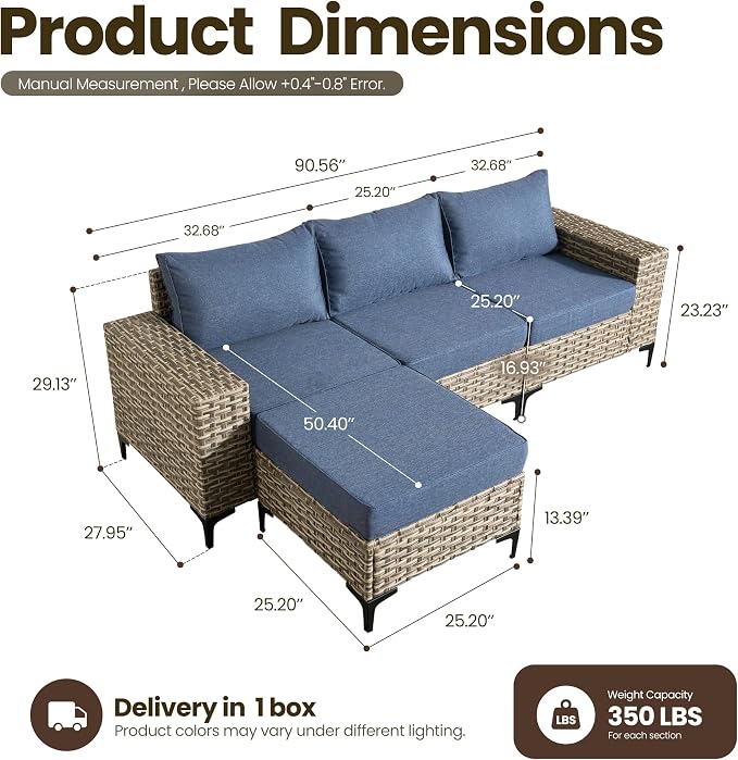 4-Piece Wicker Outdoor Sectional Furniture, Wide Armrest L-Shaped Patio Couch Set with Ottoman, Modern Modular Conversation Sets with Thick Cushion for Backyard Porch Balcony, Denim Blue