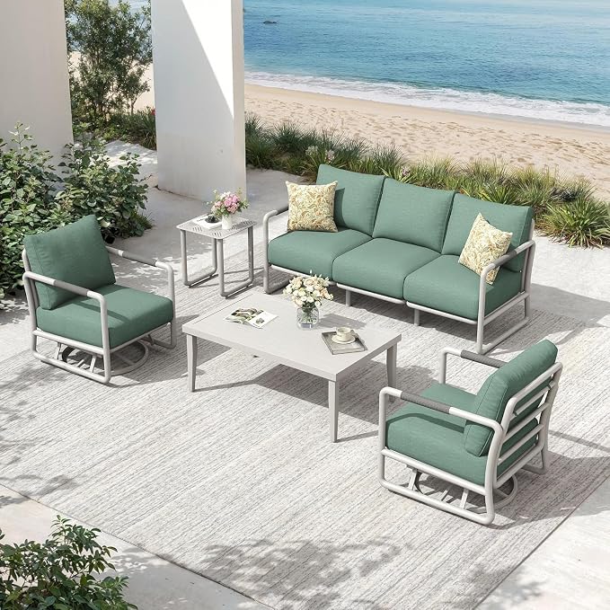 5-Piece All-Weather Aluminum Patio Conversation Set, 2 Swivel Rocking Chairs, 3-Seat Sofa & Rectangular Coffee Table for Pool, Garden, Balcony, White