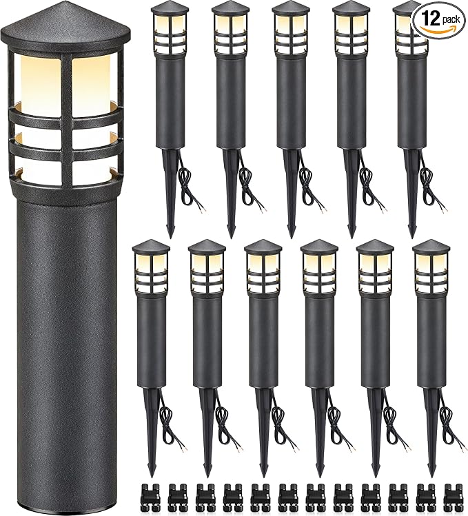 SUNVIE 12-Pack Low Voltage Landscape Pathway Lights 3W Outdoor Landscape Lighting 3000K 12-24V LED Bollard Path Lights Wired CRI 90+ Aluminum Pathway Lighting for Walkway Yard Garden, ETL Listed Cord | IP65 Waterproof, 3000K Warm White, 12-24V AC/DC, A...