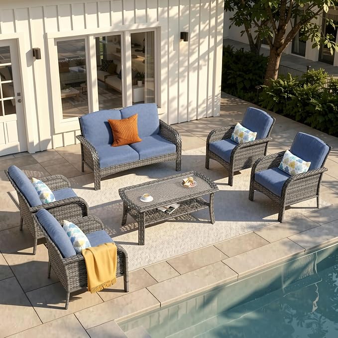 6-Piece Patio Furniture Set, Outdoor Wicker Furniture with Coffee Table, All Weather High Back Loveseat Patio Chairs, Modern Rattan Outdoor Chairs Conversation Set for Porch, Garden,Denim Blue