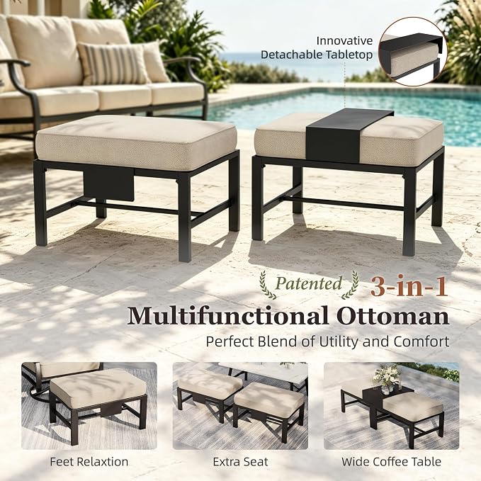 HERA'S HOUSE 7 Piece Patio Furniture Set, 2 x Swivel Chair, 2 x Fixed Chair, 2 x Ottoman, 1 x 3-Seat Sofa, All Cushioned Outdoor Conversation Set for Lawn Garden Backyard, Grey
