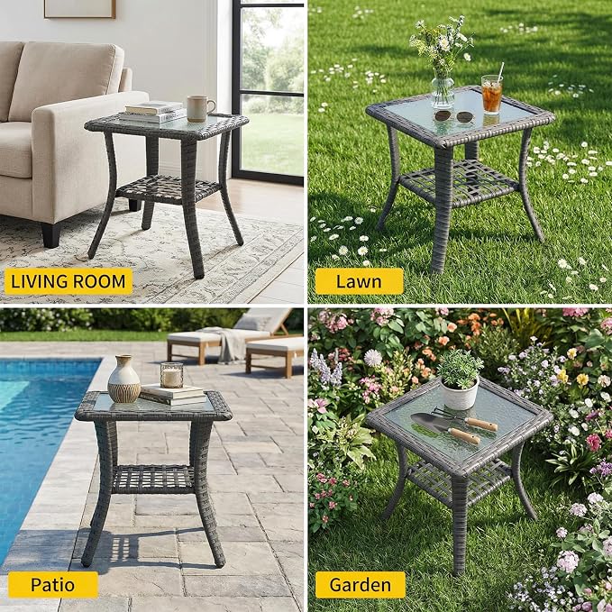 Patio Tables Wicker Side Table, Rattan End Table with Glass Top for Outdoor Outside Patio Porch Deck Square Brown
