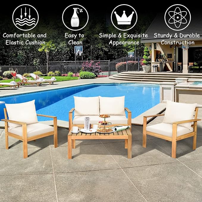 Tangkula Outdoor 8-Piece Acacia Wood Chat Set, 8 Seater Acacia Wood Conversation Sofa and Table Set with Water Resistant Cushions, Teak Finished (2, White)