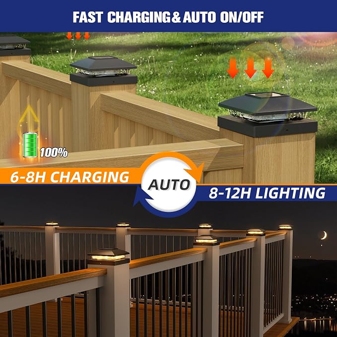 APONUO Solar Post Cap Lights for 4x4 Posts - IP64 Waterproof, 3000K LED, No-Wire Fence Lights & Deck Lights for Patio Garden Yard Patio, Black-Warm White, 24 Pack