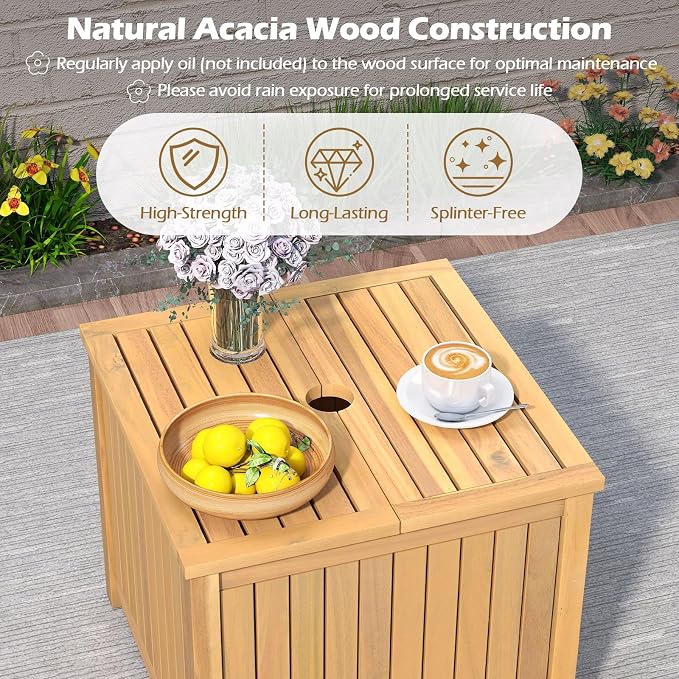 HAPPYGRILL Outdoor Side Table with Umbrella Hole, Acacia Wood End Table with Storage, Removable Base, Patio Storage Box for Backyard, Balcony, Poolside (Square)