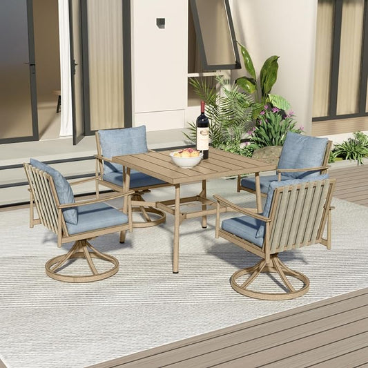 5-Piece Outdoor Dining Set for 4, Aluminum Patio Dining Set with Cushions, 4 Swivel Chairs with Rope Backrest, Square Table with Umbrella Hole, Patio Dining Set for Lawn Porch Backyard, Brown