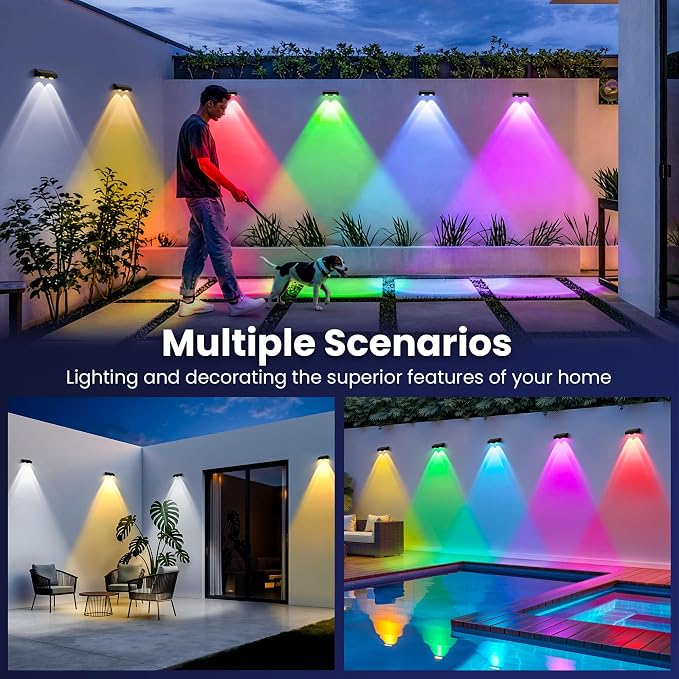 Solar Fence Lights Outdoor, Color Changing, Waterproof IP65, 12 Pack | 11 Modes, 9 Colors 50 LM Solar Lights Waterproof with LED Focus Lens for Wall Backyard Deck Patio Porch Step Pool Decor