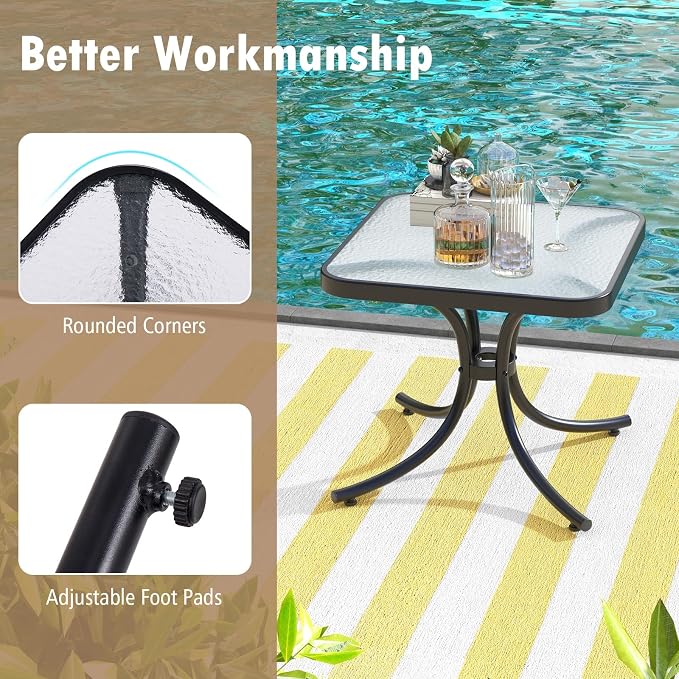 HAPPYGRILL Outdoor Side Table Square Patio End Table with Tempered Glass Top, 20" Bistro Table with Heavy-Duty Metal Frame, Indoor Small Compact Coffee Table for Garden Backyard Poolside
