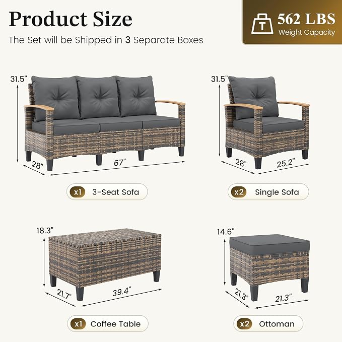 UDPATIO Patio Furniture Set, 6 Pieces Outdoor Wicker Conversation Set with 2 Ottomans & Storage Table for Lawn, Porch, Garden, Backyard, Grey