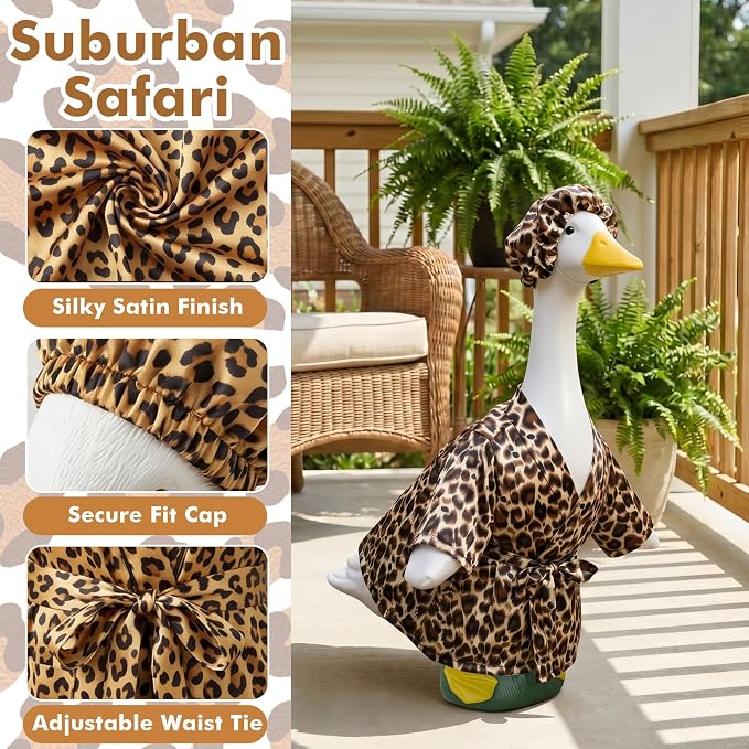 holoith Leopard Porch Goose Outfit for 23 inch Goose Statue | Leopard Print Bathrobe, Cap, Summer Porch Goose Clothes Decor Lawn Yard Garden Patio Decor