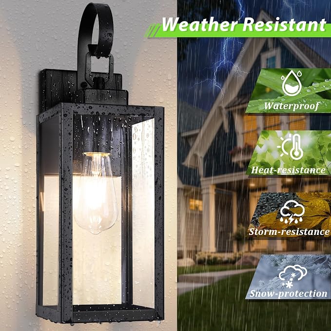 BesLowe 16.5" Large Outdoor Wall Light Fixture, Modern Porch Sconce, Black | Waterproof, Rust-Resistant, Durable Metal with Clear Glass, Standard E26 Socket, Easy to Install