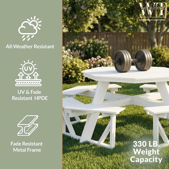 WestinTrends Outdoor 48" HDPE 8-Person Patio Octagon Picnic Table, White