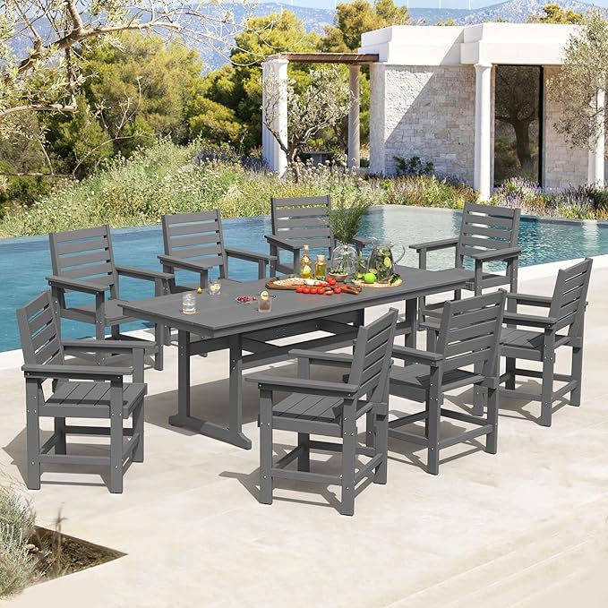 9 Piece Patio Dining Set, 80" Rectangle HDPS Weather Resistant Outdoor Table & 8 Patio Chairs Set with 1.96" Umbrella Hole, 300LBS Heavy Duty for Backyard Deck Balcony, Grey