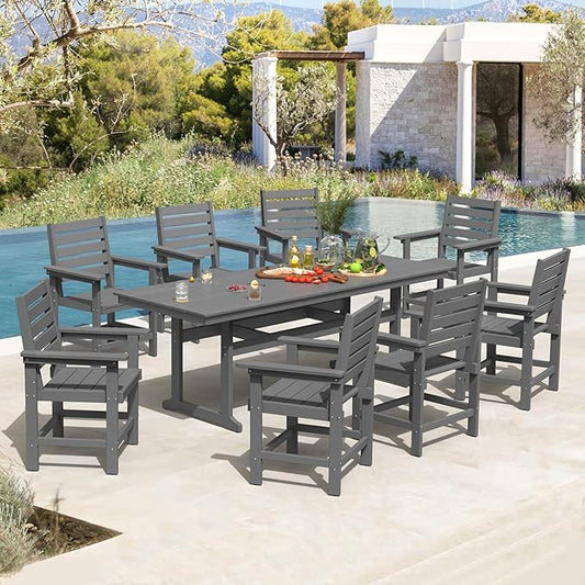 9 Piece Patio Dining Set, 80" Rectangle HDPS Weather Resistant Outdoor Table & 8 Patio Chairs Set with 1.96" Umbrella Hole, 300LBS Heavy Duty for Backyard Deck Balcony, Grey