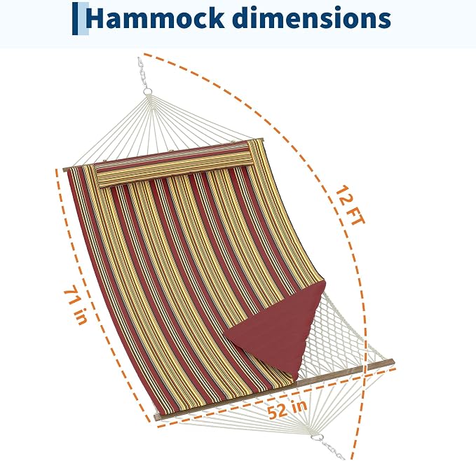 Takywep 2 Person Hammock with Polyester-Cotton Pad, 12FT Double Hammock with Wooden Spreader Bar, Removable Pillow, 450LBS Capacity, 2-in-1 Outdoor Hammock for Patio, Garden, Beach (No Stand)