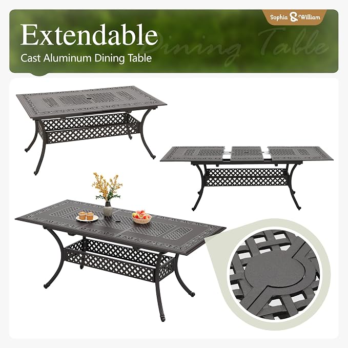 Sophia & William 7pc Patio Dining Set, Cast Aluminum Table, Wicker Chairs | Outdoor Dining Set for 6, Extendable Rectangular Cast Aluminum Patio Table, Perfect for backyard, deck, porch