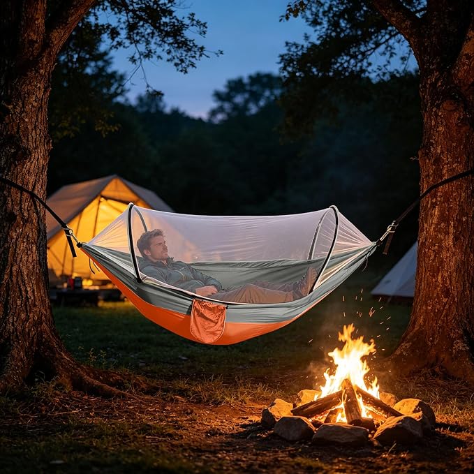 Heavy Duty Hammock with Mosquito Net–Canvas Hammock, Fade-Resistant Cotton Lounger, Roll-Free Comfort Design, Easy Setup for Backyard, Porch, Garden, Camping, Travel (Orange)