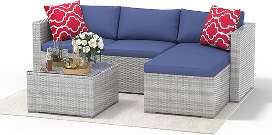 5 Piece Outdoor Patio Furniture Set, Rattan Deck Conversation Sofa Set with Non-Slip Cushions, All-Weather Sectional Sofa with Glass Storage Table and Balcony Footstool, Poolside, Garden, Gray+Blue