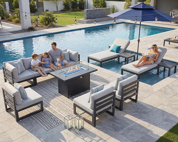 NICESOUL 8 People Large Modern Aluminum Outdoor Sofa with Chaise & Firepit Table, 29" Deep Wide Seat, 500 lbs Durable Sectional Set for Heavy People, Anti-Rust Patio Furniture Set for Deck, Light Grey
