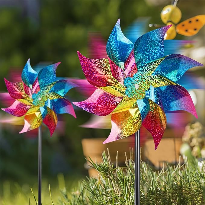 Hausse 10 Pack Reflective Pinwheels Wind Spinner (Assembly Required), Extra Sparkly Rainbow Pinwheel with Stakes, Bird Repellent Blinder Devices Scare Birds Away from Yard Patio Farm Garden, Colorful