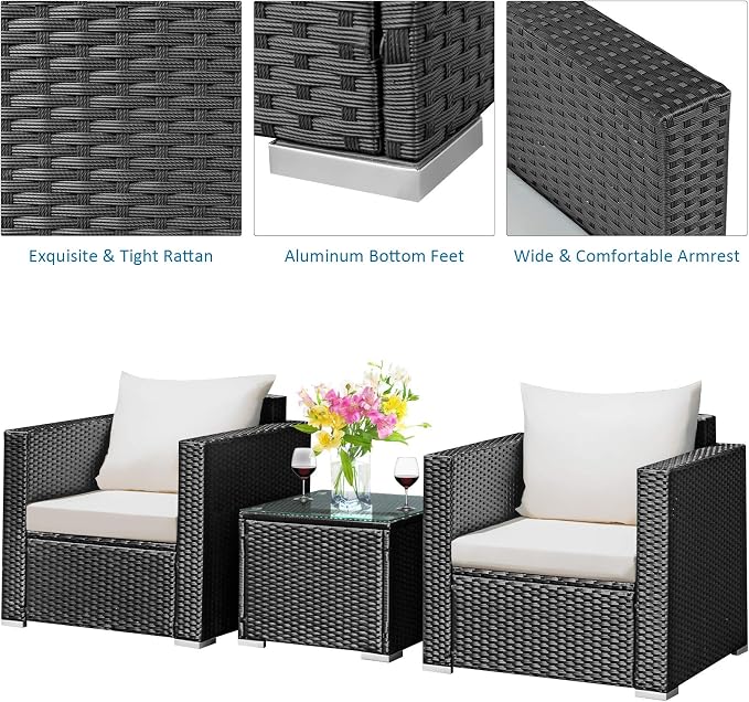 Tangkula 3 Pieces Patio Furniture Set, PE Rattan Wicker Sofa Set w/Washable Cushion and Tempered Glass Tabletop, Outdoor Conversation Furniture for Garden Poolside