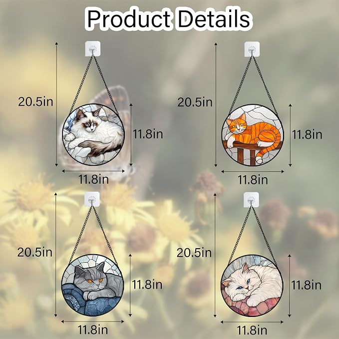Stained Glass Window Hanging 4 Pcs Set Cute Cat Large 11.8" - Suncatcher Door Garden Sun Catcher Decor Birthday Mother's Day Christmas Comfort Gifts for Lost Pet Woman Nana Mom Men Friend