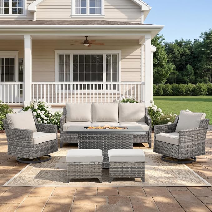 Belord Patio Wicker Swivel Rocker Patio Chairs with 3-Seater Sofa and 42.5" Fire Pit Table, Outdoor Furniture Set for Deck Porch Garden, 5 Piece Patio Conversation Furniture Set,Beige
