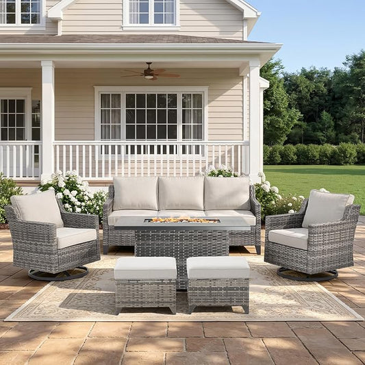 Belord Patio Wicker Swivel Rocker Patio Chairs with 3-Seater Sofa and 42.5" Fire Pit Table, Outdoor Furniture Set for Deck Porch Garden, 5 Piece Patio Conversation Furniture Set,Beige