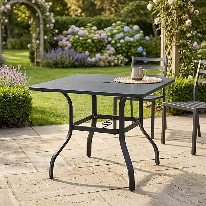 Kozyard 35.4" Square Outdoor Dining Table for 4, Steel Frame with Textured Wood-Grain Tabletop, Patio Table with Umbrella Hole for Backyard, Balcony, Garden Gray