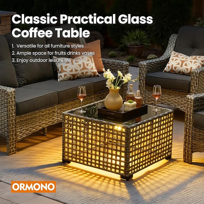 5 PCS Patio Conversation Set, All-Weather Rattan Wicker Outdoor Patio Furniture Sets with High Back Swivel Rocker Chair, Solar Light Coffee Table for Porch,Backyard,Balcony,Black