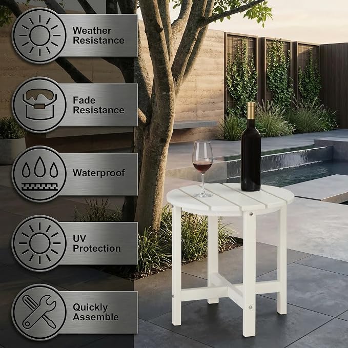 18 Inch Round HDPE Side Table, All-Weather Outdoor End Table for Adirondack Chairs, Waterproof and UV Resistant Plastic Patio Side Table for Garden, Backyard, Poolside, White