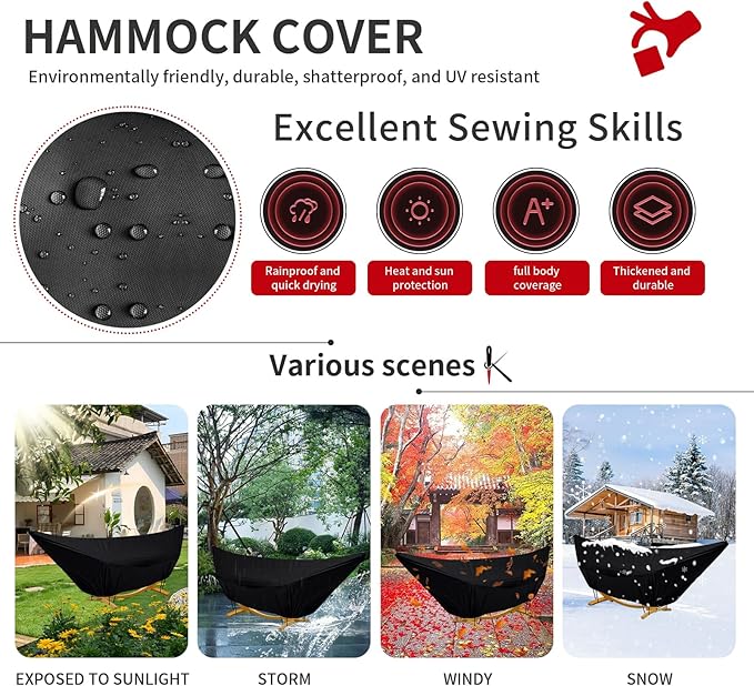 Outdoor Waterproof Hammock Cover for 15FT Hammock Stand,with Zip and Elastic Ropes,and It has Windproof Effect,420D Heavy Duty Oxford (Black,15foot)