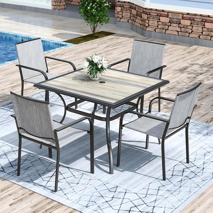 Anmutig 5-Piece Outdoor Patio Dining Set 37 Inch Square Wooden-Like PVC Table with 4 Stackable Chairs for Garden Backyard Grey