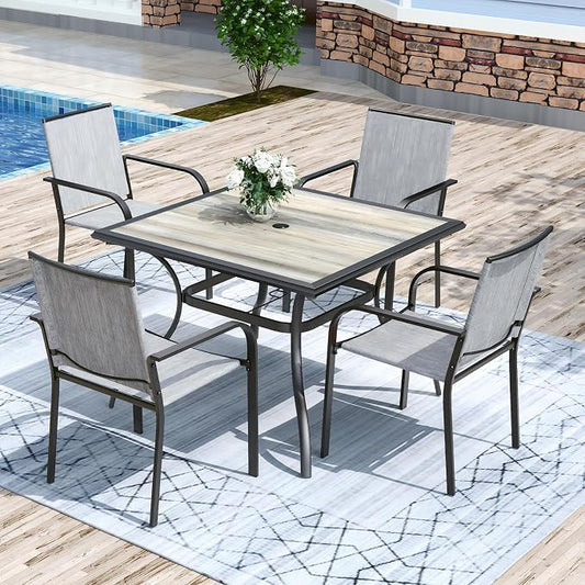 Anmutig 5-Piece Outdoor Patio Dining Set 37 Inch Square Wooden-Like PVC Table with 4 Stackable Chairs for Garden Backyard Grey