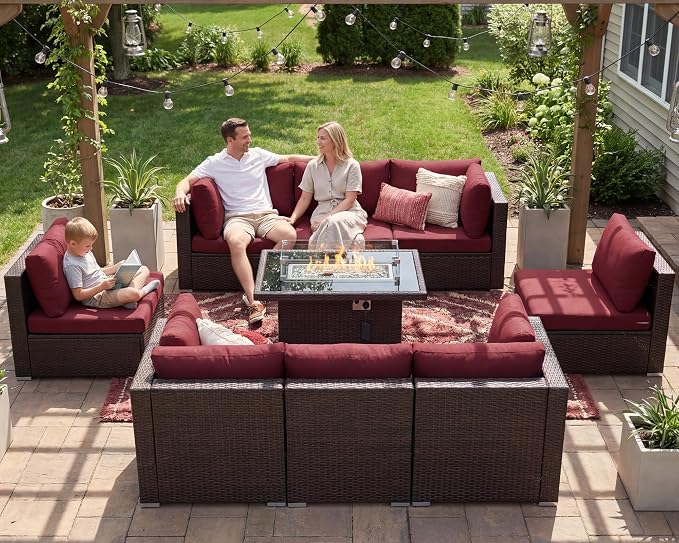 NICESOUL Modern 9 Pcs Patio Sectional Sofa Set with Fire Pit Natural Gas/Propane, Extra Large Outdoor Furniture Sets, 29.3'' High Back Deep Seats Conversations 8 Seater, Brown Rattan and Red Cushion