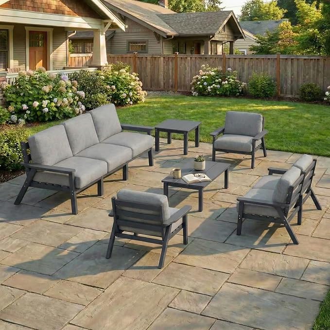 Kingdura HDPE Patio Furniture Set, 9 Piece Outdoor Sectional Sofa with Coffee Table & Side Table, All Weather Outdoor Couch Conversation Set with Washable Cushions for Backyard Poolside Balcony