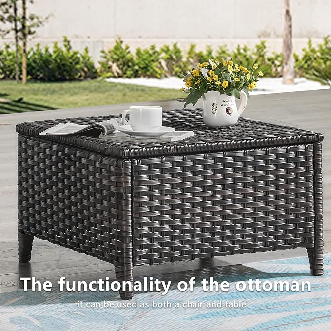 Rilyson Luxury Outdoor Wicker Patio Ottomans Set of 2, 250 lbs Capacity Rattan Large Ottomans for Patio Footrest Set 22.8in*22.8in*14in with 3.5in Thick Cushion (Brown/Grey)
