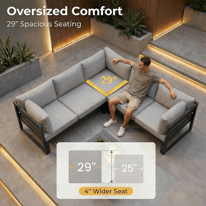 NICESOUL 8 People Large Modern Aluminum Outdoor Sofa with Chaise & Firepit Table, 29" Deep Wide Seat, 500 lbs Durable Sectional Set for Heavy People, Anti-Rust Patio Furniture Set for Deck, Light Grey