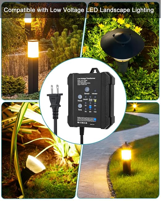 65W Outdoor Low Voltage Transformer with Timer and Photocell Sensor,120V AC to 12V DC Weatherproof for LED Landscape Lighting,Deck Lights,Spotlight, Pathway Light,ETL Listed