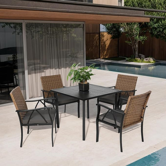 GDFStudio 5-Piece Outdoor Wicker Dining Set, Patio Table and Chairs for 4 with Square Steel Tabletop & Umbrella Hole, Cushioned Rattan Conversation Set for Backyard, Deck, Balcony, Porch,Brown & Grey