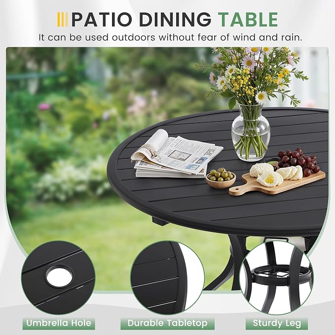 LVUYOYO Outdoor Round Patio Dining Table, Metal Round Table with Umbrella Hole, All-Weather Furniture for Backyard, Garden, Balcony, Porch (Black)