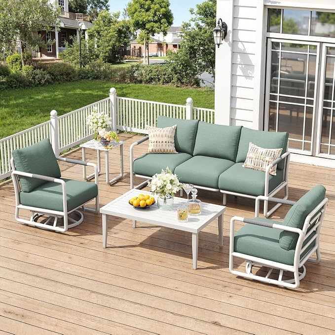 5-Piece All-Weather Aluminum Patio Conversation Set, 2 Swivel Rocking Chairs, 3-Seat Sofa & Rectangular Coffee Table for Pool, Garden, Balcony, White