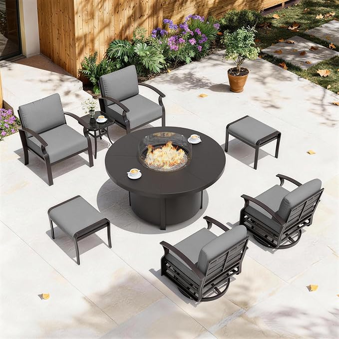ALAULM Aluminum Patio Furniture Set with Coffee Table Rectangular, 5-seat Outdoor Sectional Furniture w/2 Swivel Chairs, Patio Conversation Set for Porch, Backyard, Poolside-Grey