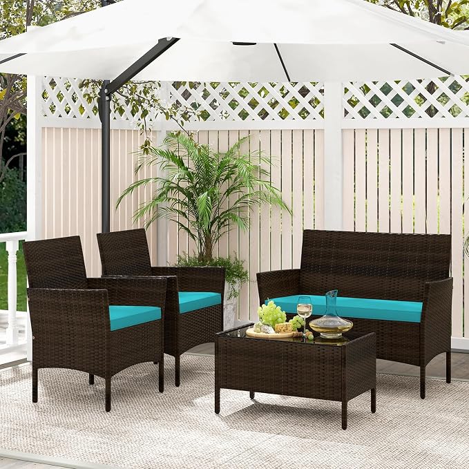 4 Piece Patio Furniture Set, Sectional Conversation Sofa Set with Glass Coffee Table, Cushions & Loveseat, Wicker Outdoor Table and Chairs for Pool, Garden, Deck, Backyard (1, Turquoise)