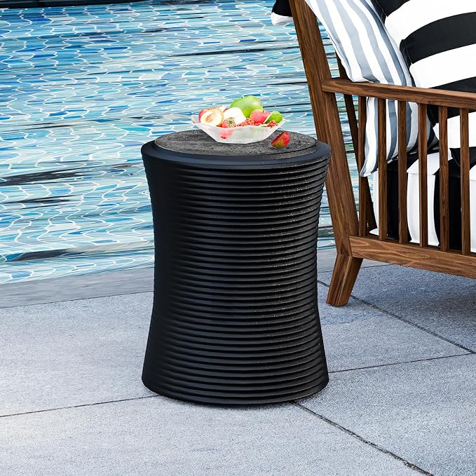 HOMPUS Concrete Outdoor Side Table w Cylindrical Thread, Round Coffee Table, Home Decor Plant Stand Outdoor Accent Table Patio Drum End Table for Living Room, Bedroom or Balcony, Black